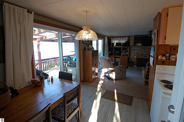 4038 Ogemaw Shores Dr, West Branch, MI 48661 - dining space featuring light wood finished floors and a fireplace