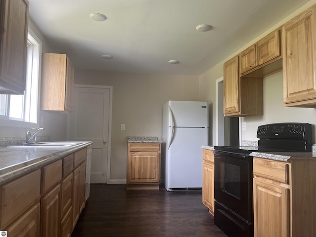 2507 N Lincoln Rd, Rosebush, MI 48878 - kitchen featuring black electric range oven, freestanding refrigerator, and dark wood finished floors