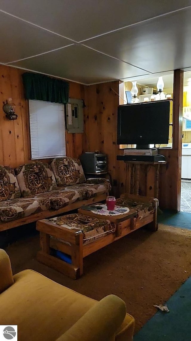 1947 NE Anita Rd, Kalkaska, MI 49646 - carpeted living room featuring wood walls