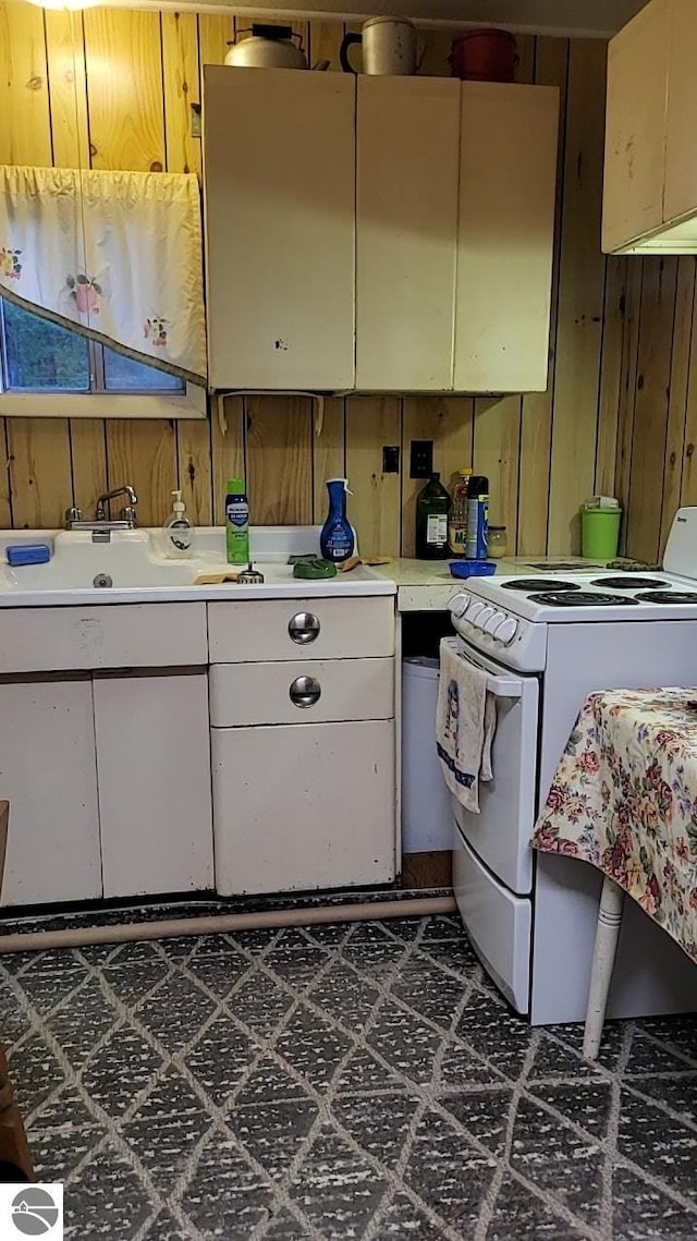 1947 NE Anita Rd, Kalkaska, MI 49646 - kitchen with white range with electric cooktop, light countertops, and wood walls