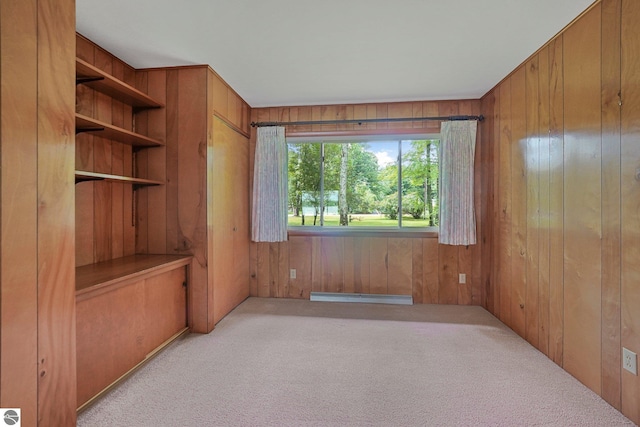 7786 N Shore Ct, Grawn, MI 49637 - empty room featuring a baseboard radiator, wood walls, and carpet floors
