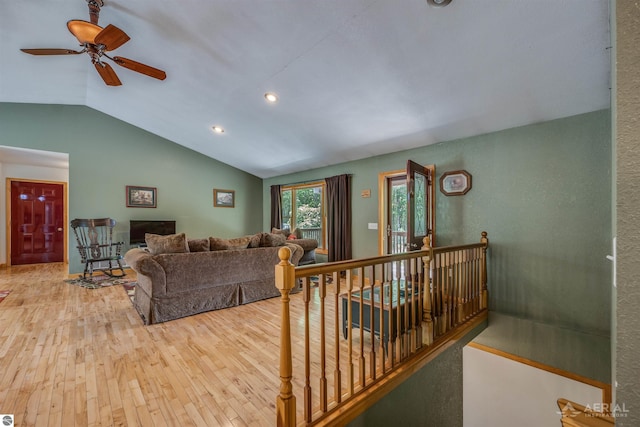 4685 Johnson Dr, South Branch, MI 48761 - living room featuring wood-type flooring, a ceiling fan, lofted ceiling, and recessed lighting