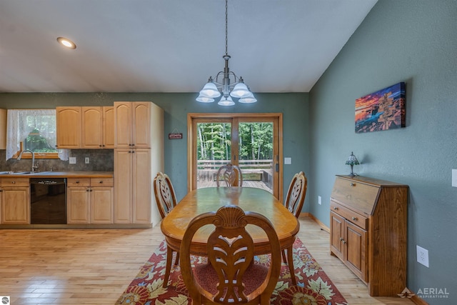 4685 Johnson Dr, South Branch, MI 48761 - dining space featuring a chandelier, light wood-style floors, recessed lighting, and lofted ceiling