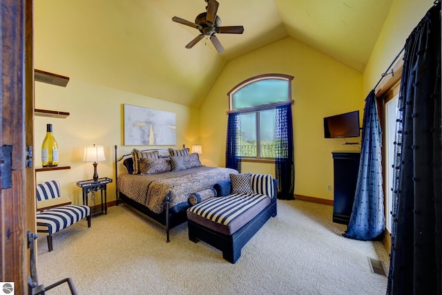 10702 E Hill Top Rd, Suttons Bay, MI 49682 - bedroom featuring carpet flooring, vaulted ceiling, and a ceiling fan
