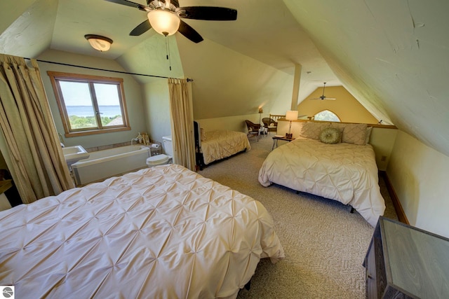 10702 E Hill Top Rd, Suttons Bay, MI 49682 - bedroom featuring carpet floors, vaulted ceiling, and ceiling fan