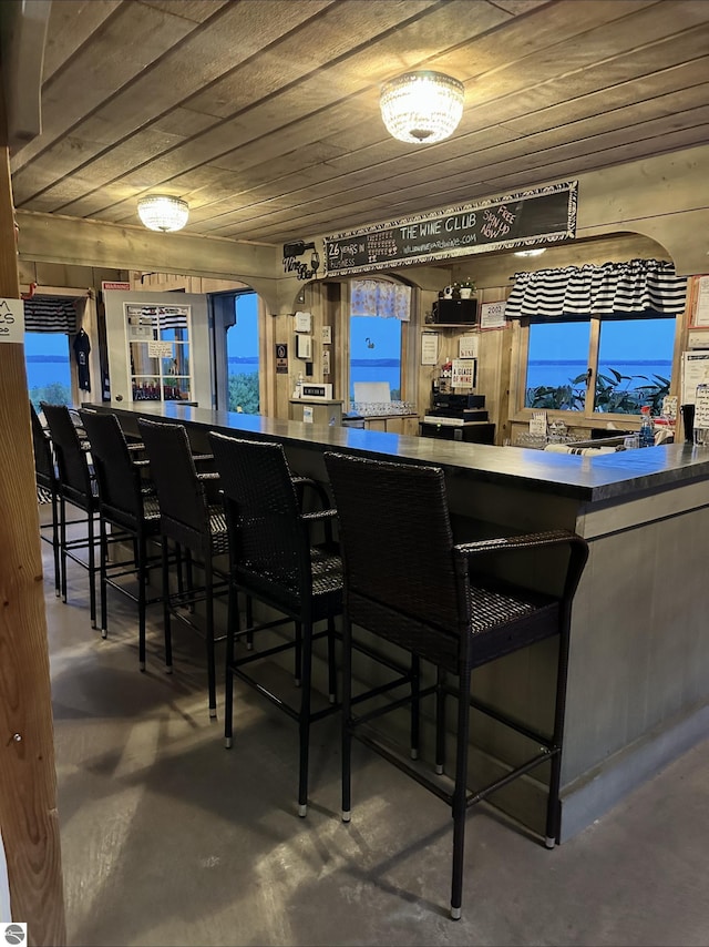 10702 E Hill Top Rd, Suttons Bay, MI 49682 - bar area featuring concrete flooring and wood ceiling