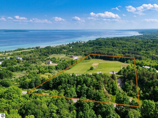 10702 E Hill Top Rd, Suttons Bay, MI 49682 - overview of rural landscape featuring property parcel outlined and a large body of water