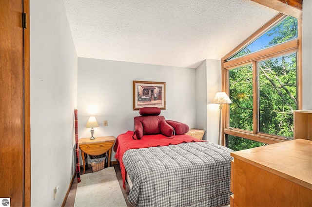 6740 Pheasant Run, Gaylord, MI 49735 - carpeted bedroom featuring vaulted ceiling and a textured ceiling