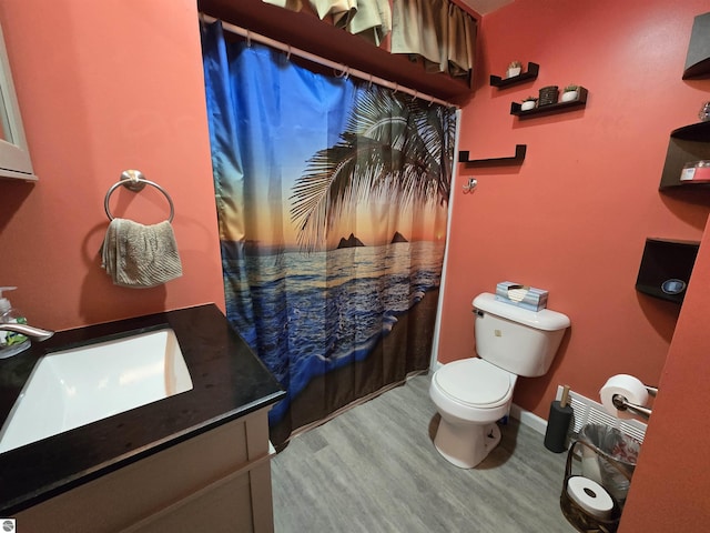 3962 Power Dr, Mikado, MI 48745 - bathroom with vanity, curtained shower, and wood finished floors