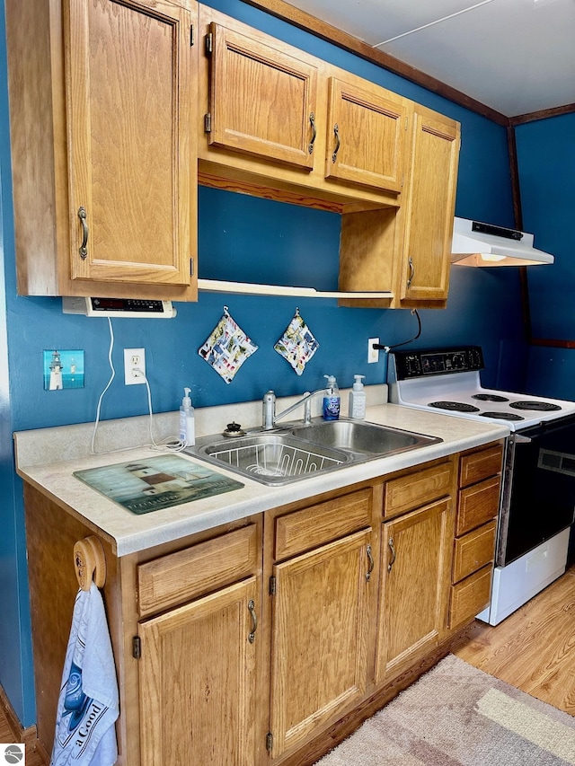 3775 W Cedar Lake Rd, Greenbush, MI 48738 - kitchen with electric stove, under cabinet range hood, light countertops, and light wood-type flooring