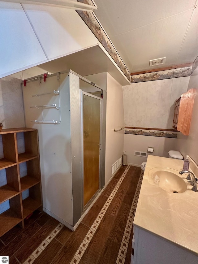 3775 W Cedar Lake Rd, Greenbush, MI 48738 - bathroom with a shower stall, vanity, and wood finished floors