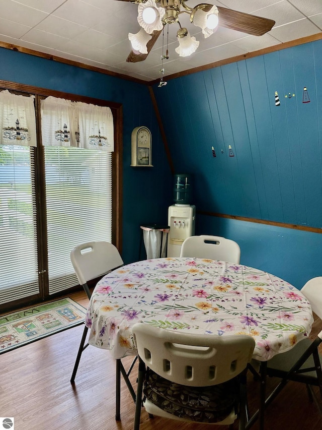 3775 W Cedar Lake Rd, Greenbush, MI 48738 - dining space featuring ceiling fan, plenty of natural light, wood finished floors, and lofted ceiling