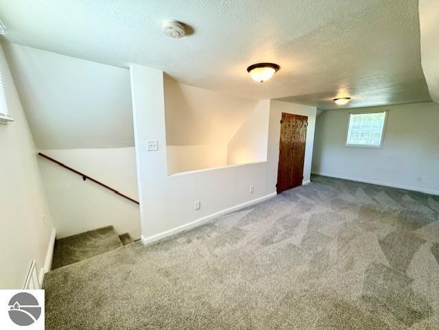219 Grafton Ave, Alma, MI 48801 - empty room with carpet floors, a textured ceiling, a smoke detector, and lofted ceiling