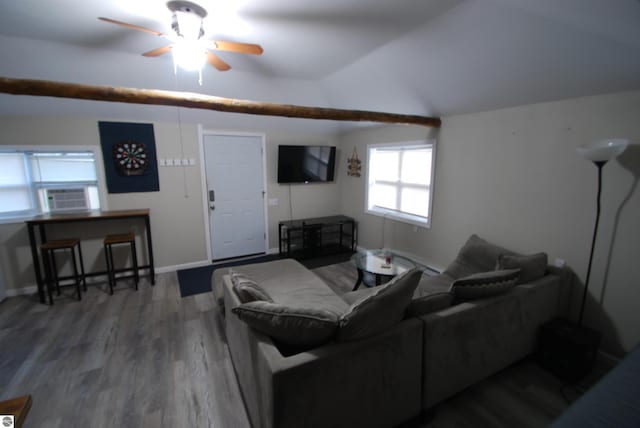 1159 Jones Rd, Saint Helen, MI 48656 - living area featuring a ceiling fan, lofted ceiling, and wood finished floors