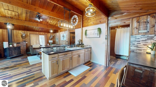 7851 White Birch Dr, Farwell, MI 48622 - kitchen featuring wood ceiling, a wood stove, wooden walls, a peninsula, and dark countertops