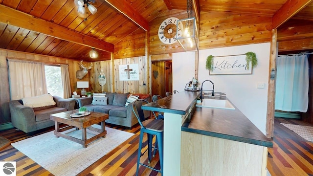 7851 White Birch Dr, Farwell, MI 48622 - living area featuring wooden walls, wood finished floors, and wooden ceiling