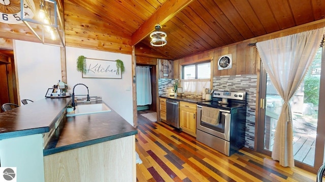 7851 White Birch Dr, Farwell, MI 48622 - kitchen with stainless steel appliances, dark countertops, light wood-type flooring, wooden ceiling, and lofted ceiling