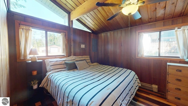 7851 White Birch Dr, Farwell, MI 48622 - bedroom featuring wood ceiling, multiple windows, wood walls, baseboard heating, and lofted ceiling