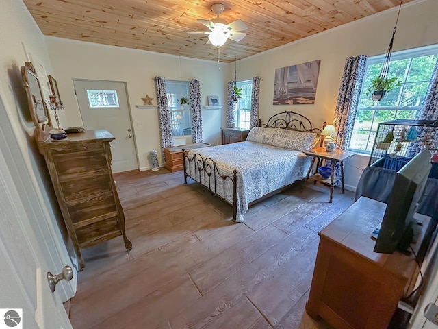 5670 N Harrison Ave, Harrison, MI 48625 - bedroom with multiple windows, wooden ceiling, wood finished floors, and ceiling fan