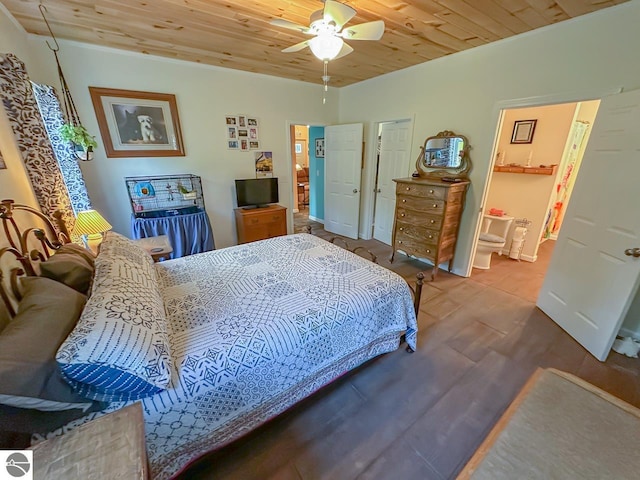 5670 N Harrison Ave, Harrison, MI 48625 - bedroom with wood ceiling, wood finished floors, a ceiling fan, and ensuite bathroom