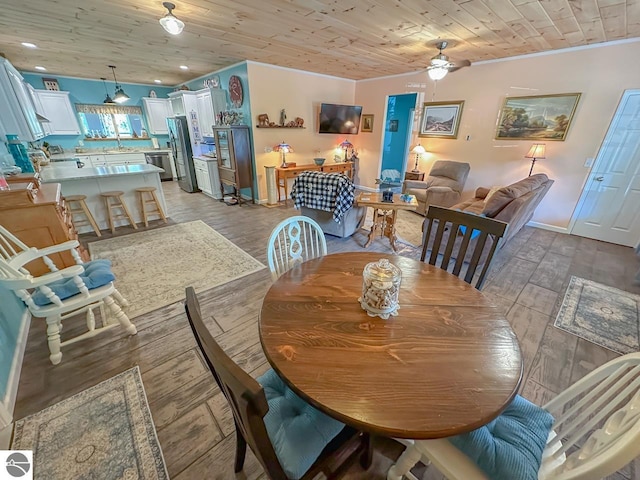 5670 N Harrison Ave, Harrison, MI 48625 - dining area featuring ceiling fan, light wood-style flooring, and wood ceiling