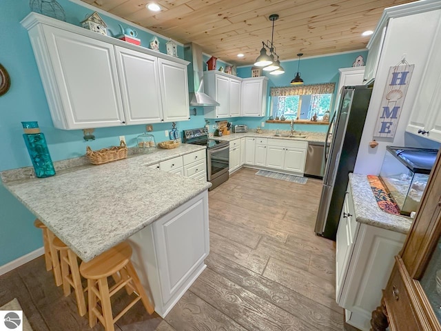 5670 N Harrison Ave, Harrison, MI 48625 - kitchen with appliances with stainless steel finishes, a peninsula, wood ceiling, light wood-style floors, and recessed lighting