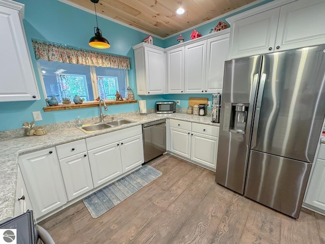 5670 N Harrison Ave, Harrison, MI 48625 - kitchen with appliances with stainless steel finishes, wooden ceiling, light wood-style flooring, white cabinets, and light countertops