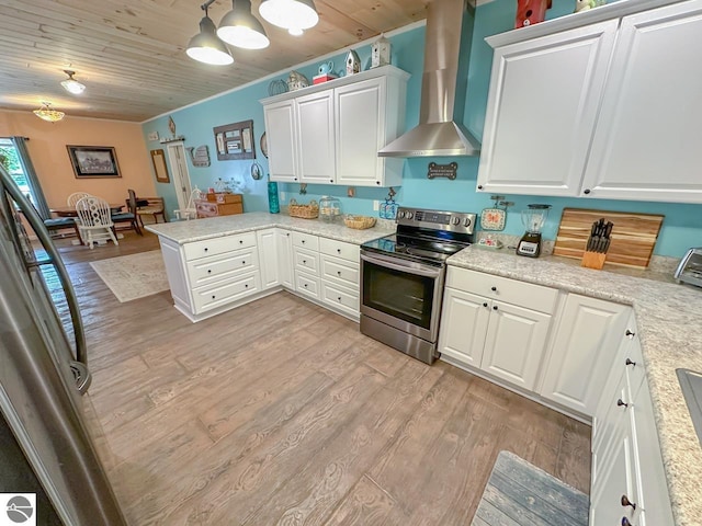 5670 N Harrison Ave, Harrison, MI 48625 - kitchen with electric range, wall chimney range hood, light wood-style flooring, a peninsula, and white cabinets