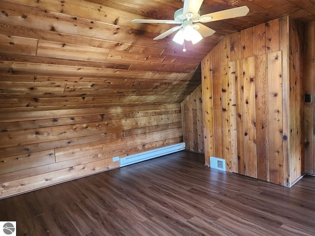 13333 S Coleman Rd, Empire, MI 49630 - additional living space with a baseboard radiator, lofted ceiling, wooden walls, wooden ceiling, and wood finished floors