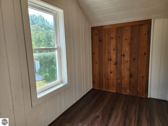 13333 S Coleman Rd, Empire, MI 49630 - empty room with dark wood-style floors, wooden walls, and vaulted ceiling