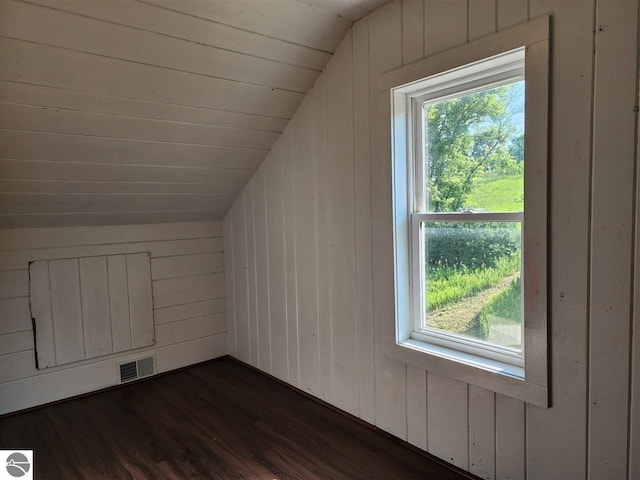 13333 S Coleman Rd, Empire, MI 49630 - additional living space featuring vaulted ceiling, dark wood-style flooring, healthy amount of natural light, and wood walls