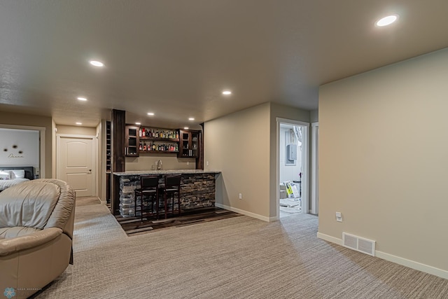 carpeted living room with sink