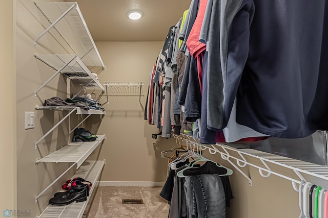 walk in closet featuring carpet flooring