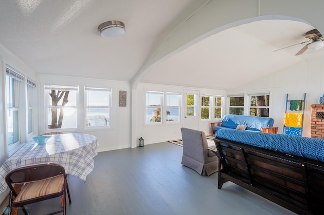 bedroom featuring lofted ceiling, ceiling fan, and hardwood / wood-style flooring