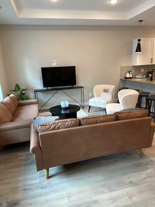 living room featuring a raised ceiling and light hardwood / wood-style floors