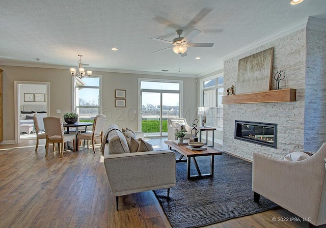 living room featuring ornamental molding, a fireplace, dark hardwood / wood-style floors, and a textured ceiling