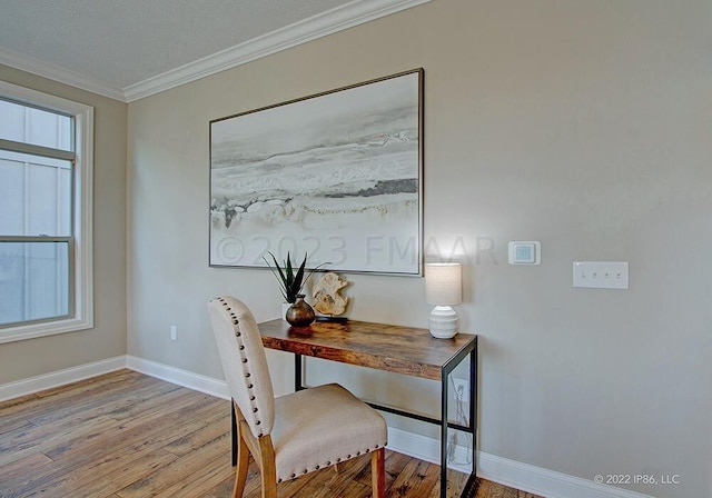 home office with hardwood / wood-style floors, ornamental molding, and a textured ceiling