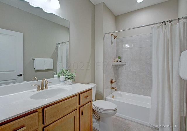 full bathroom with tile flooring, vanity, toilet, and shower / bathtub combination with curtain