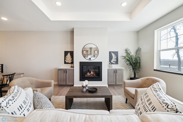 living room featuring light wood-type flooring and a tray ceiling