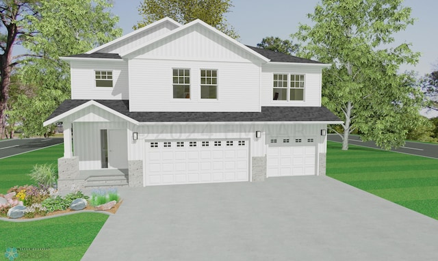 view of front of property with a front lawn and a garage