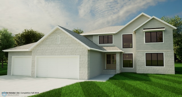 view of front of property with a front lawn and a garage