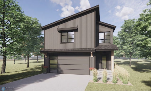 contemporary home with a garage and a front yard