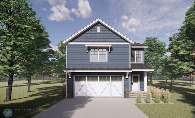 view of front of property with a garage and a front lawn