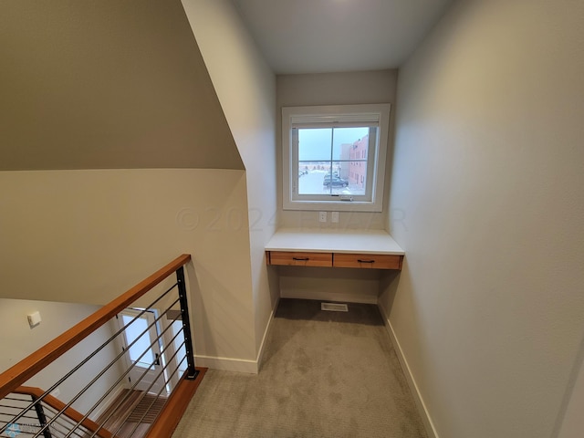 staircase featuring carpet