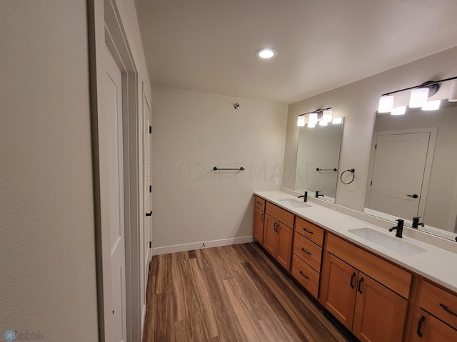 bathroom featuring wood-type flooring, vanity with extensive cabinet space, and double sink