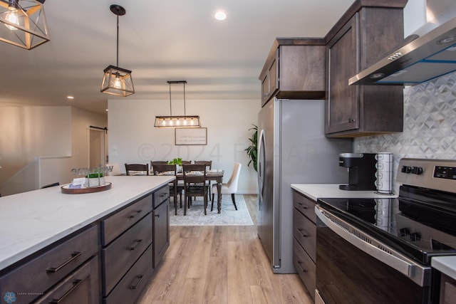 kitchen with decorative light fixtures, light wood-type flooring, wall chimney range hood, tasteful backsplash, and electric stove