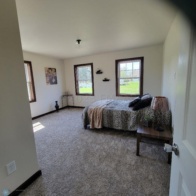 bedroom featuring dark colored carpet