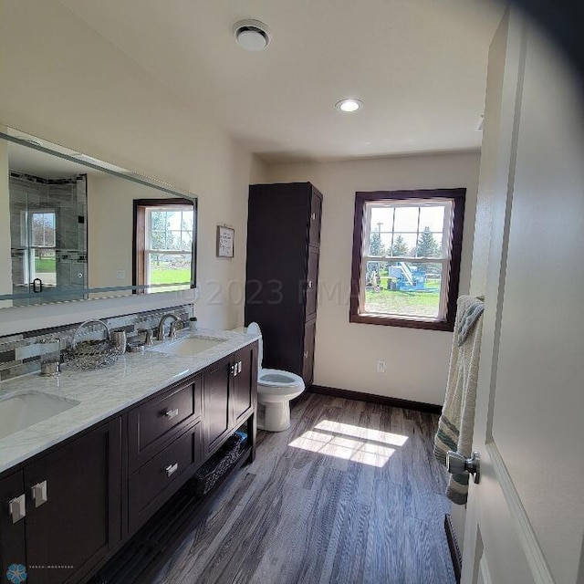 bathroom with dual bowl vanity, toilet, and hardwood / wood-style floors