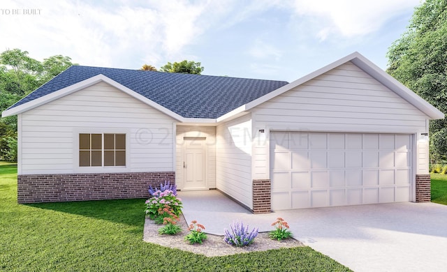 ranch-style home featuring a garage and a front lawn