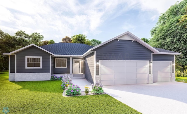 ranch-style house with a garage and a front lawn